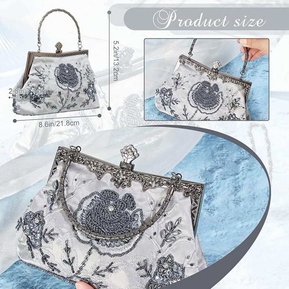 Vintage Beaded Clutch with Floral Embroidery, Sequin Rhinestone Evening Bag NEW - Picture 2 of 7